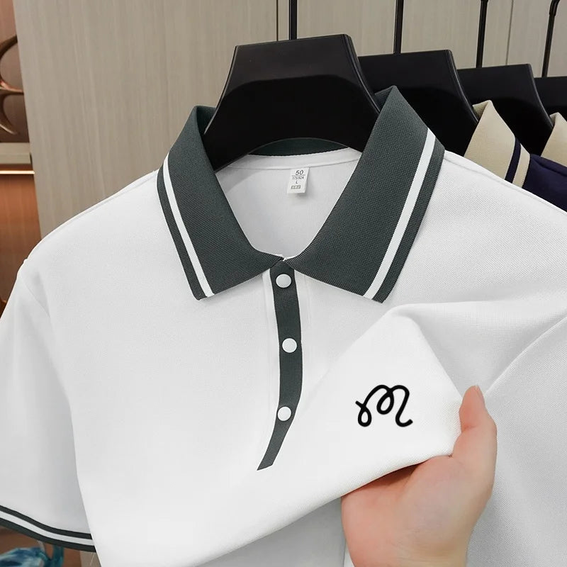 New High End Men's Brand Lapel Polo Shirt Summer Exquisite Print Short