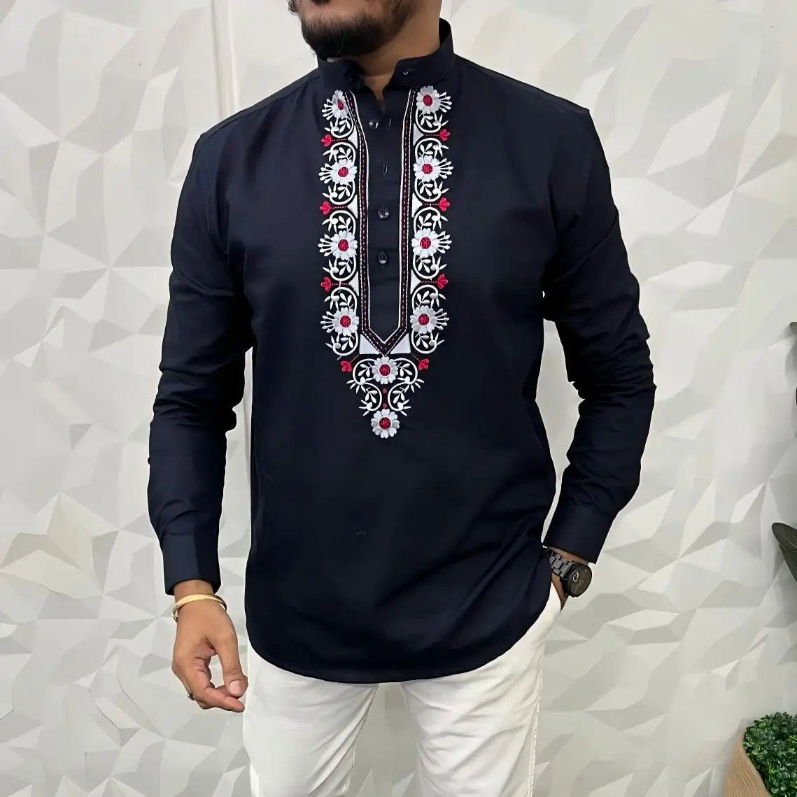 Mens Abaya Thobe Arabic National Style Henley Banded Plain Gown Shirts