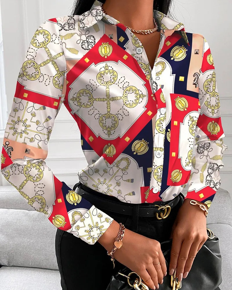 Women Fashion Wild Shirts Chain/Floral/Letter/Geometric Square Print