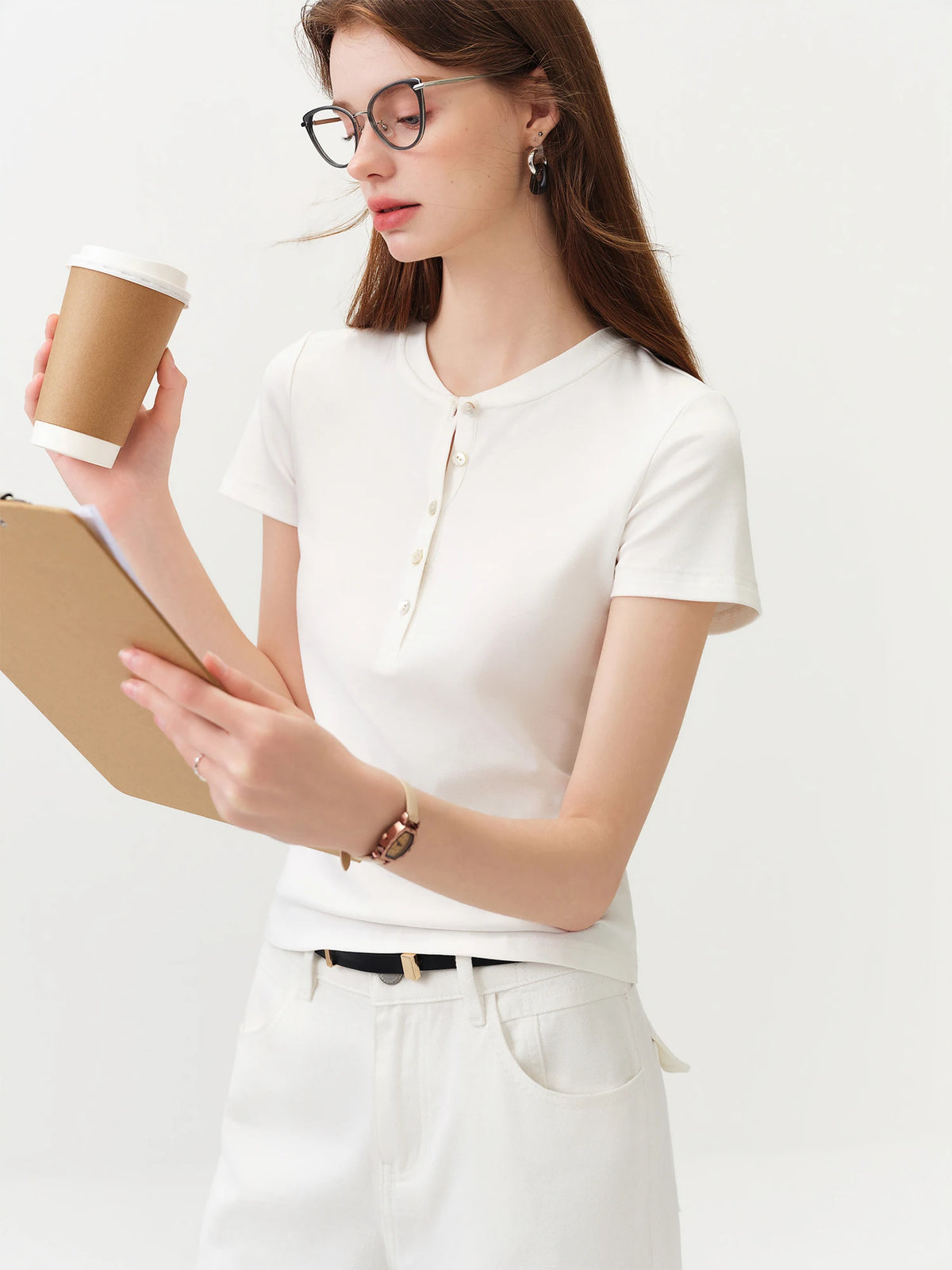 FSLE New Summer Women's Fitted Short Sleeve White T-Shirt with Buttons