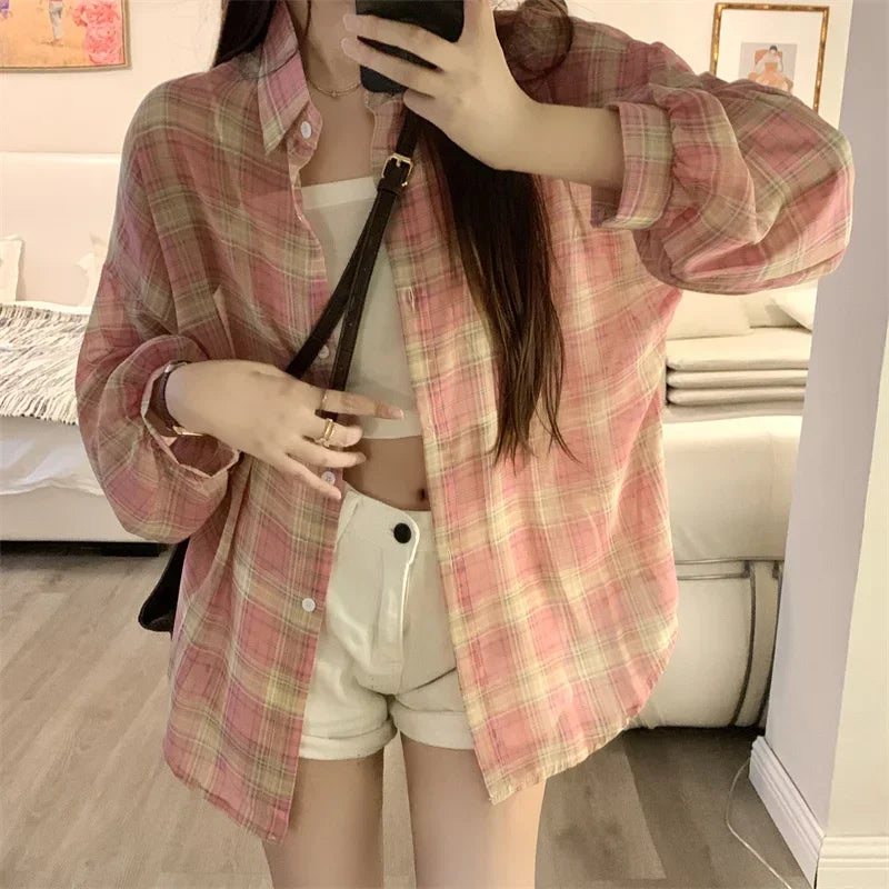 Tops Women Sheer Chiffon Plaid Shirt Long Sleeve Button Up Collared