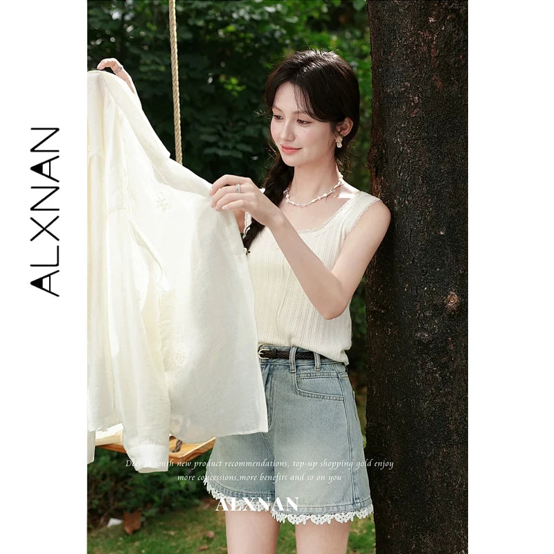ALXNAN Lace Trim Elegant Knitted Tank Top Bow Slim-fit Casual Basic