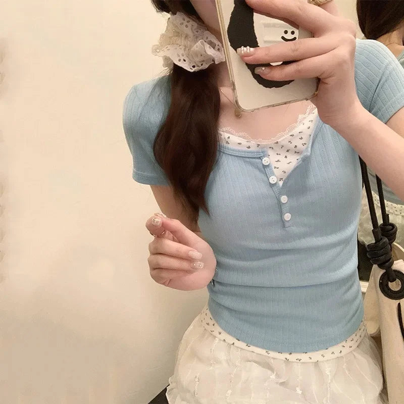 Women Soft Floral Lace Summer Blouse Lady Sweet Button Slim Fit 2024