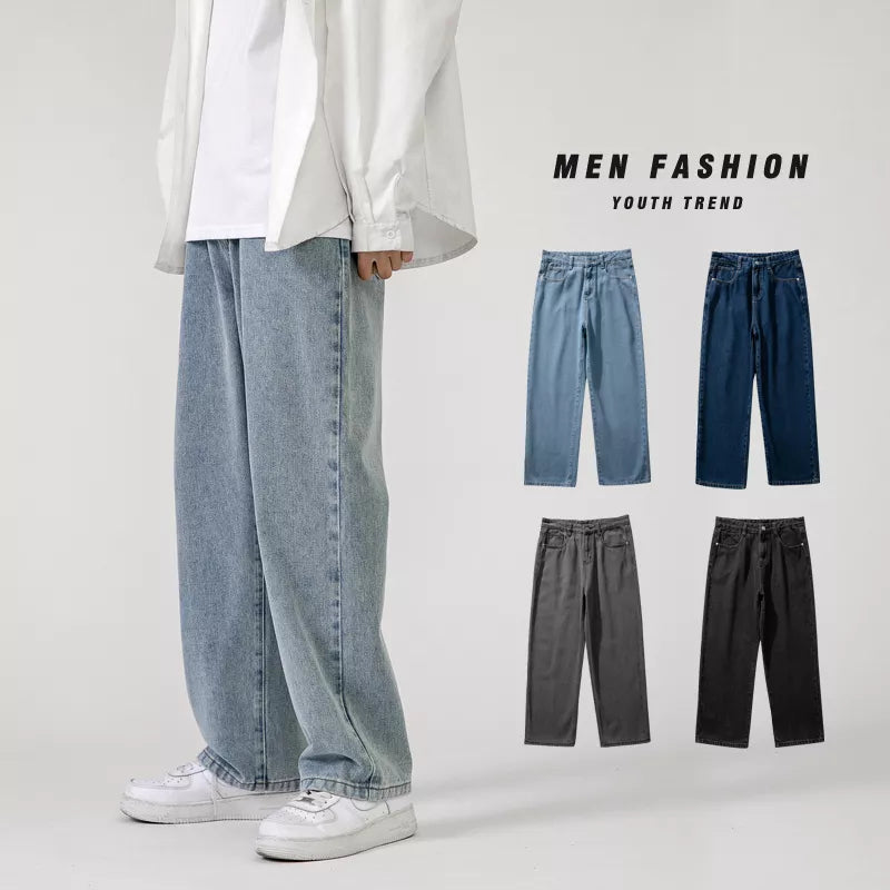Korean Fashion Men's Baggy Jeans Classic All-match Solid Color