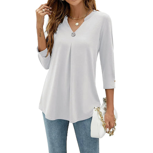 2024 Spring Autumn Women T-shirt V Neck 3/4 Sleeve Pin Decor Pleated