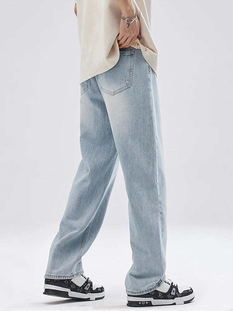 Men's Straight Jeans Korean Fashion Elastic Banded Wide Leg Blue Denim