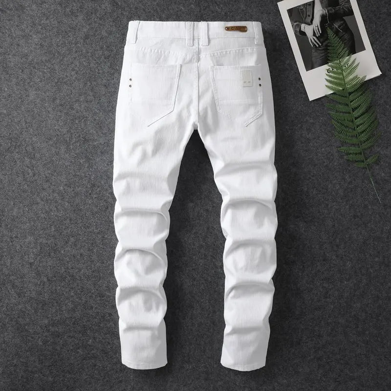 Four season men's fashionable white casual stretch straight leg jeans