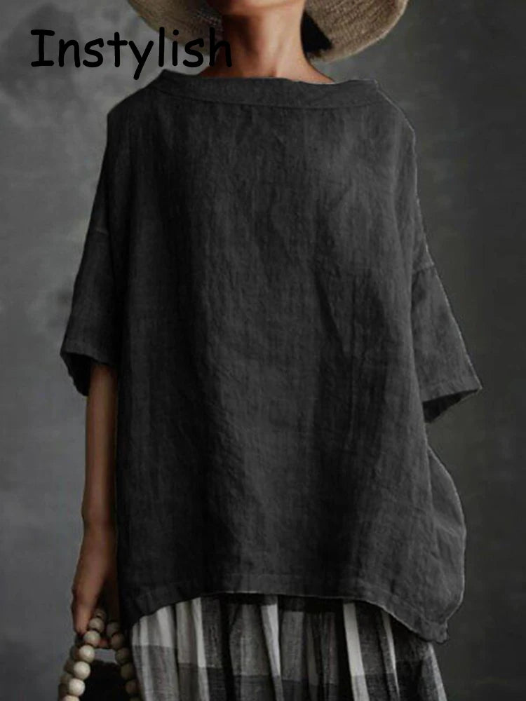 Women Vintage Harajuku Cotton and Linen Loose Blouses and Shirts