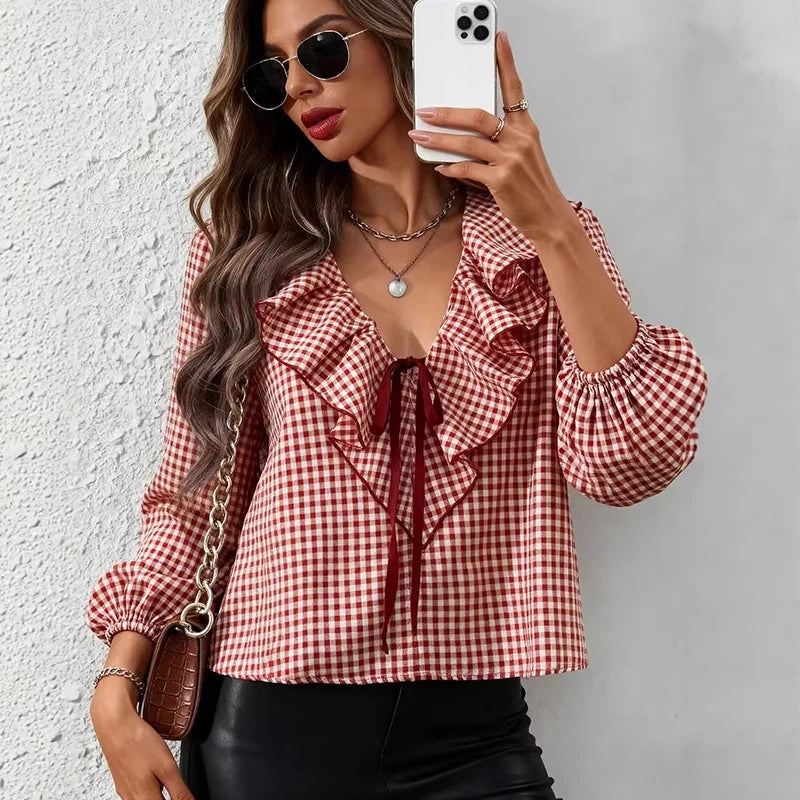 TFMLN Spring Women Long Sleeve Shirts New Vintage Elegant Plaid V