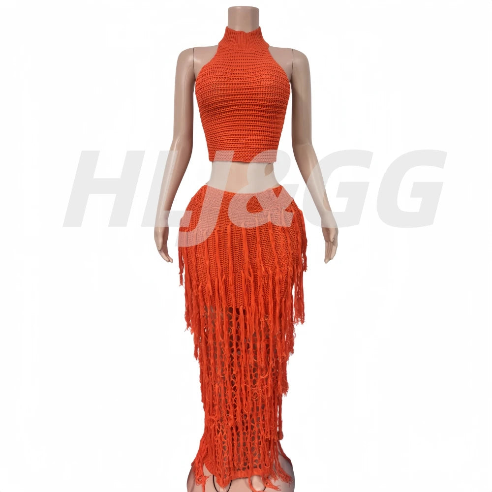 HLJ Casual Tassel Patchwork 2 Pieces Set for Woman Solid Color Halter