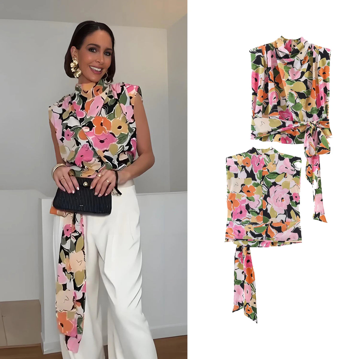 Women's Floral Print Padded Shoulder Blouse Female Chic Waist Lace-Up