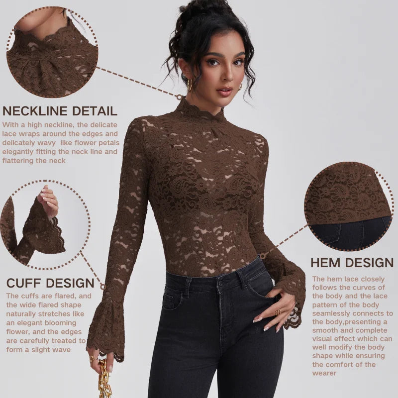 Anfilia Women Lace Shirts Turtle Neck Elegant Flare Long Sleeves