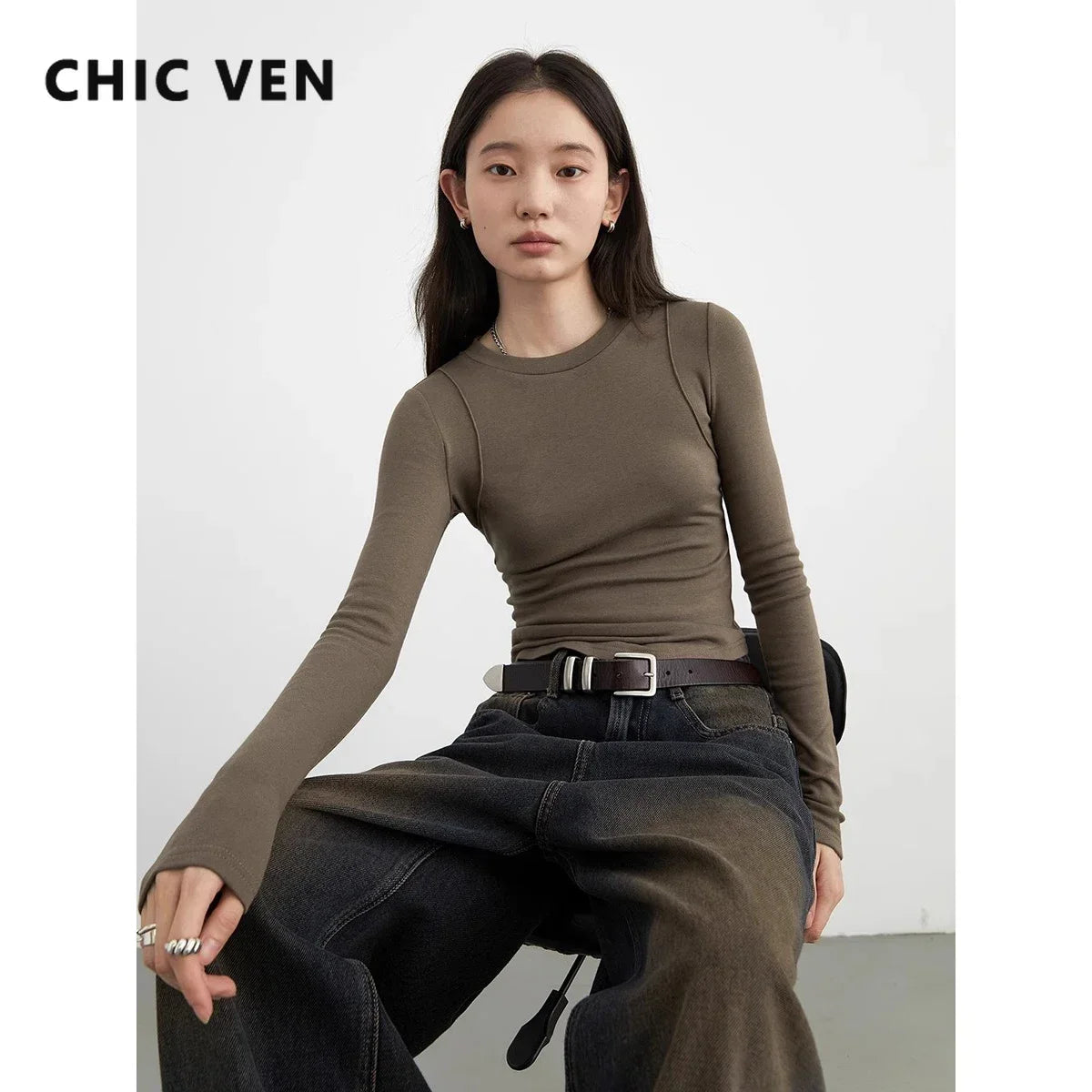 CHIC VEN Women T-Shirts Solid New Basic Heating Cashmere Round Neck