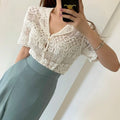 Sheer Embroidery Lace Blouse Cover Up Top Short Sleeve Button Front