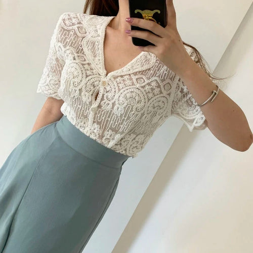 Sheer Embroidery Lace Blouse Cover Up Top Short Sleeve Button Front