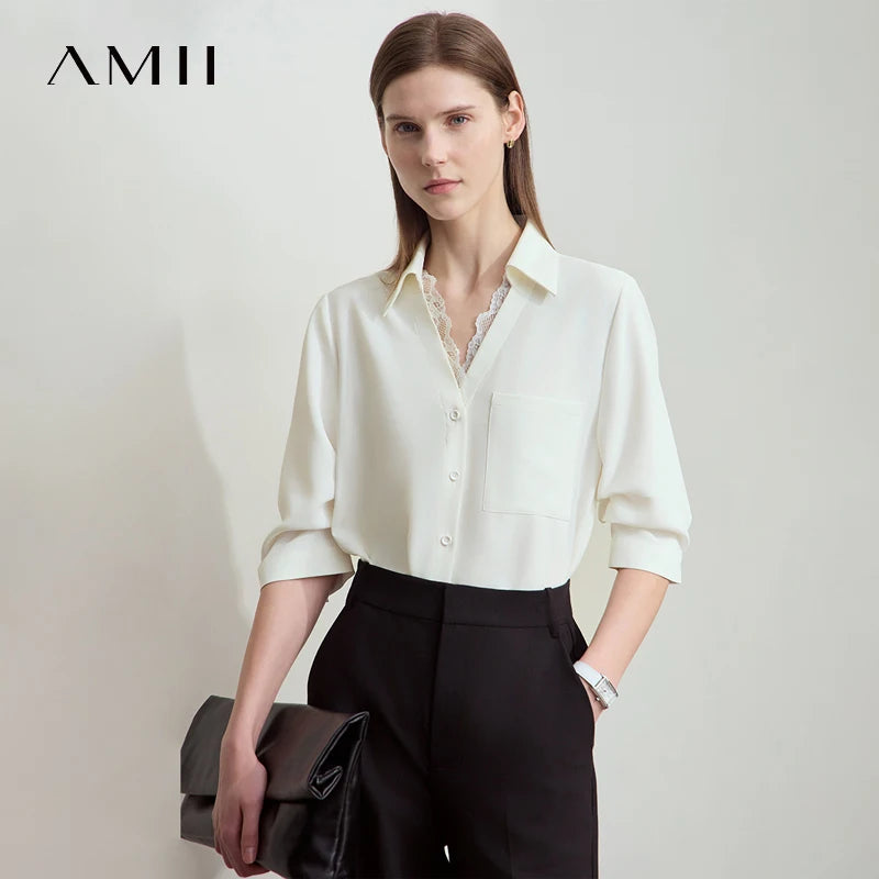 AMII Office Lady Summer Blouses Women 2025 Solid V-neck Five-quarter