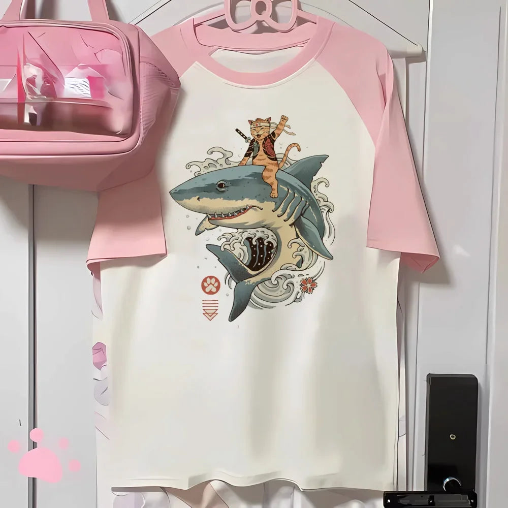 Aesthetics Japanese Grunge T-shirt Y2k Harajuku Anime Cartoon Cat Tops
