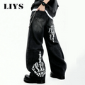 Men's Black Skull Finger Print Baggy Wide Leg Jeans Spring Summer