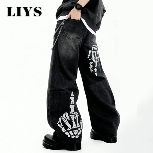 Men's Black Skull Finger Print Baggy Wide Leg Jeans Spring Summer