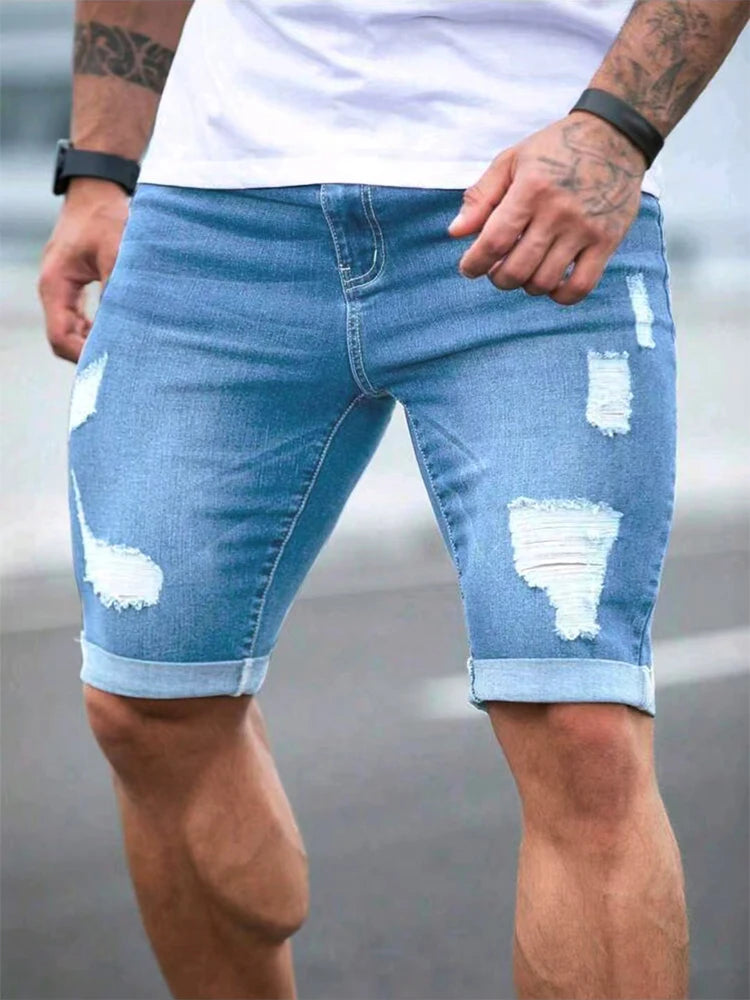 Summer Men's Retro High Waist Denim Shorts Hole-Punched Straight Leg