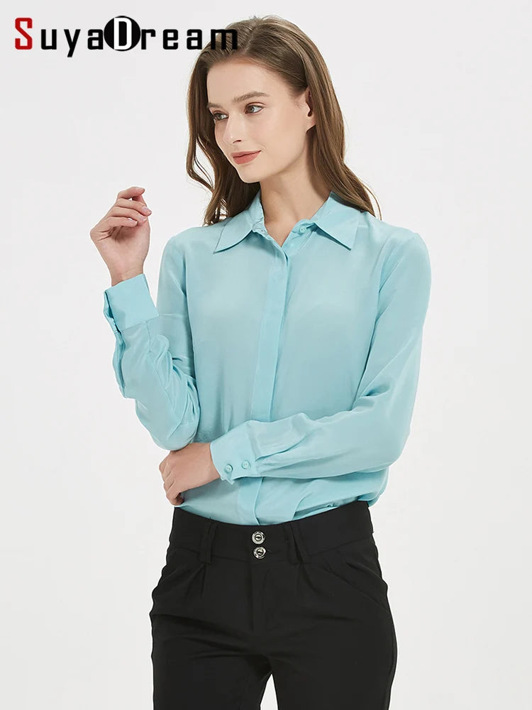SuyaDream Women Silk Dress Shirts 100% REAL SILK Solid Long Sleeved