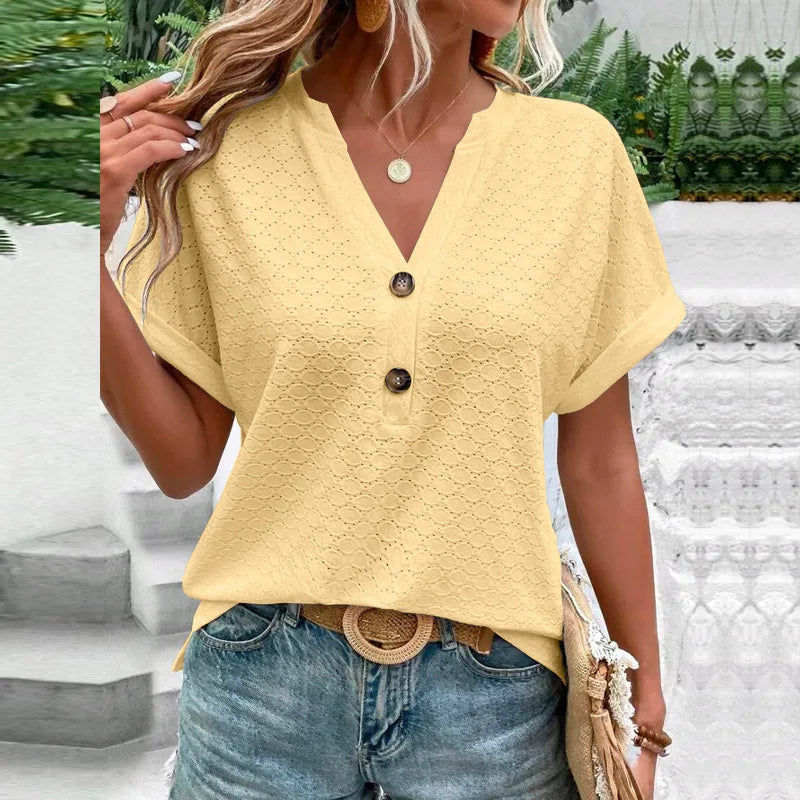 Breathable Women's V-neck Shirts Summer Tops Soft Pullovers Hollow Out