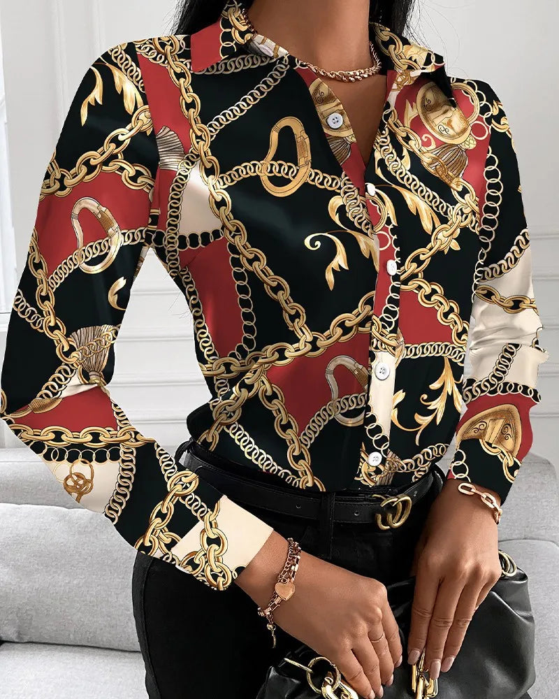 Women Fashion Wild Shirts Chain/Floral/Letter/Geometric Square Print