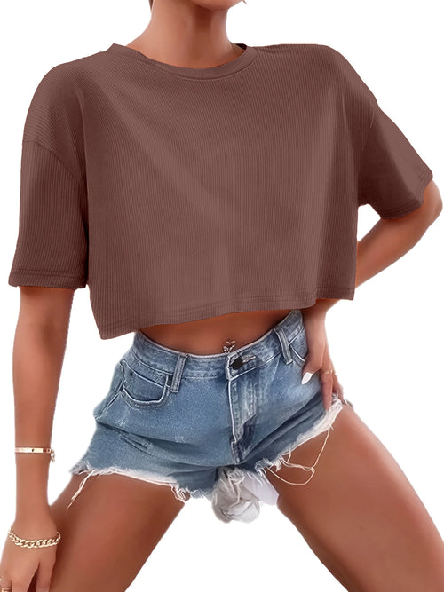 Women's Boxy Fit Ribbed Crop Top Crew Neck Short Sleeve Tee Y2K