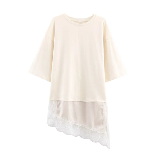 HH Women Vintage Solid Lace Patchwork T-Shirts Asymmetrical Hem O Neck