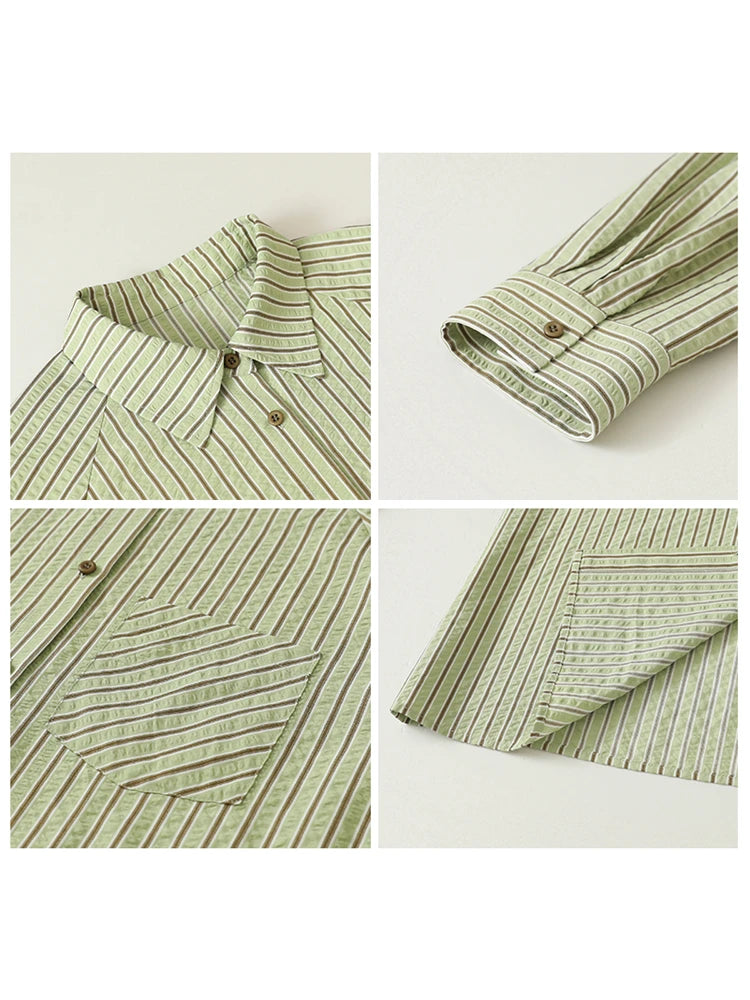 CHIC VEN Women Shirt Single Breasted Loose Casual Vertical Striped