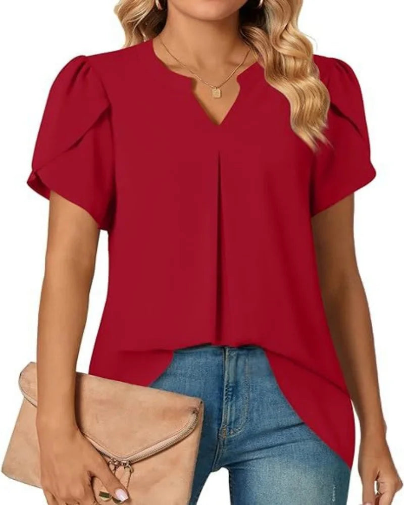 Women's Short Sleeve V Neck Chiffon Blouse with Puff Sleeves and High