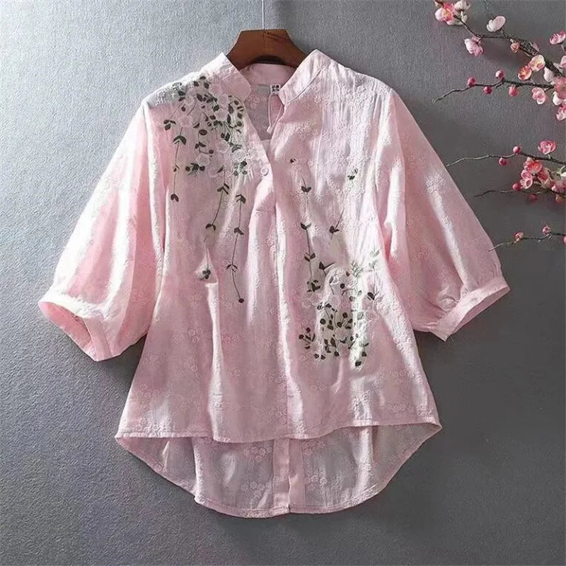 Literary Cotton Shirts For Women Embroidery Flowers Woman Blouses