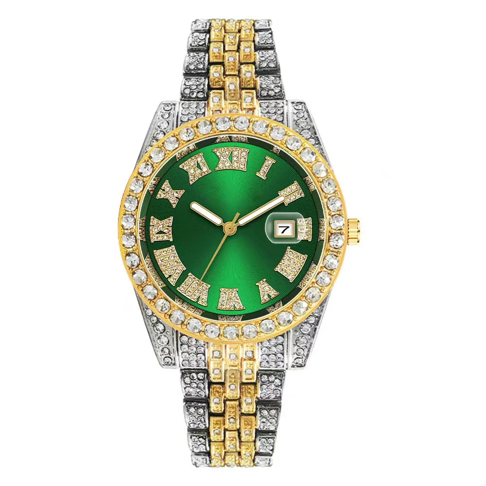 Luxury Hip Hop Stainless Steel Gold Color Calendar Watch For Men Iced