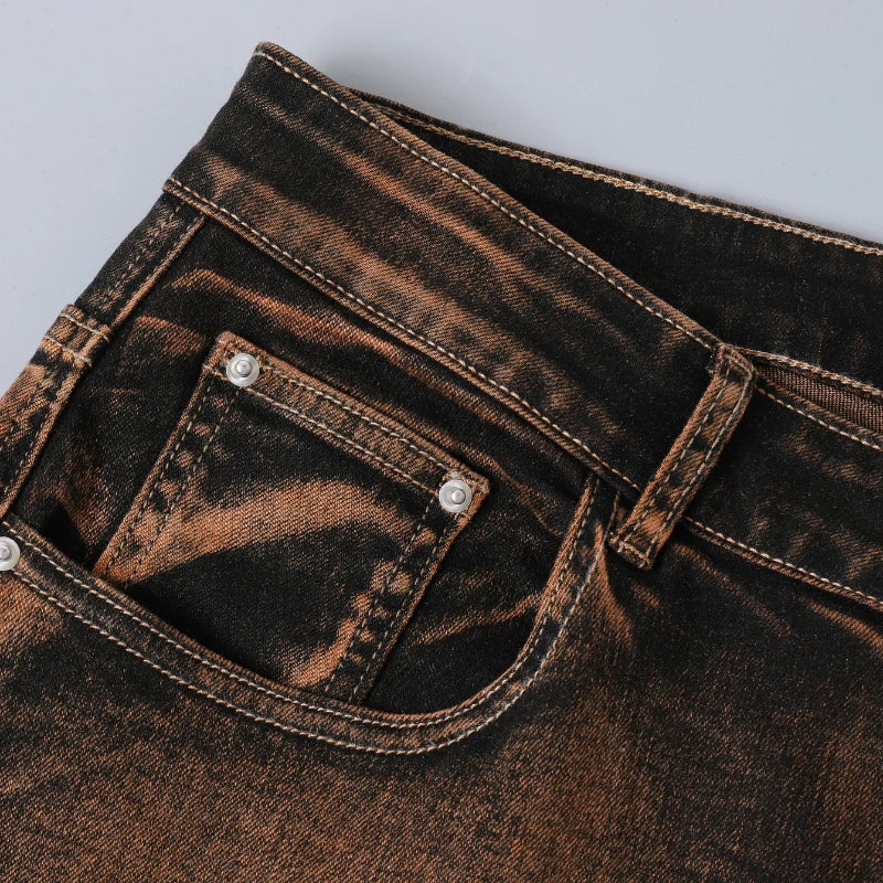 Spring Autumn Wine Red Slim-fit Jeans Mens Vintage Fashionable Elastic
