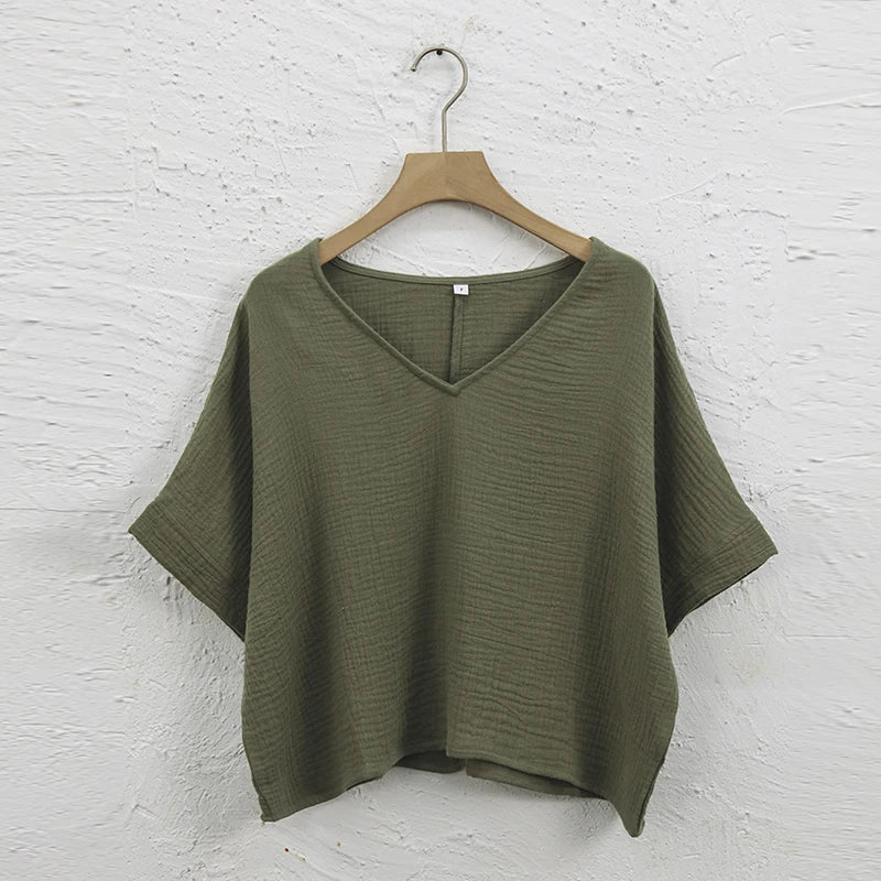 Muslin 100% Cotton Short Sleeve Tee Sexy V-Neck Oversized T-Shirt