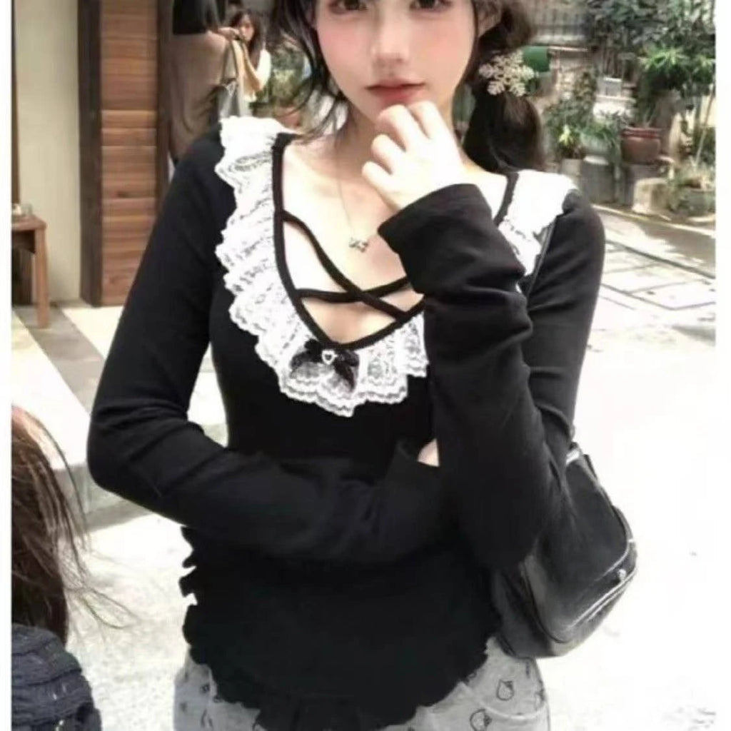 Korean Fashion Elegant Patchwork Lace Tops Slim Casual Long Sleeve
