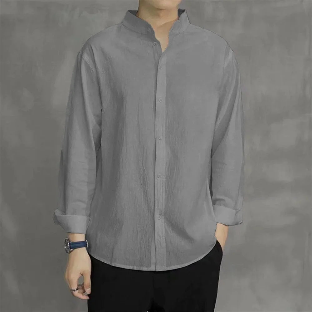 Spring Autumn Men's Shirt Long Sleeve Solid Color Cotton Linen Henley