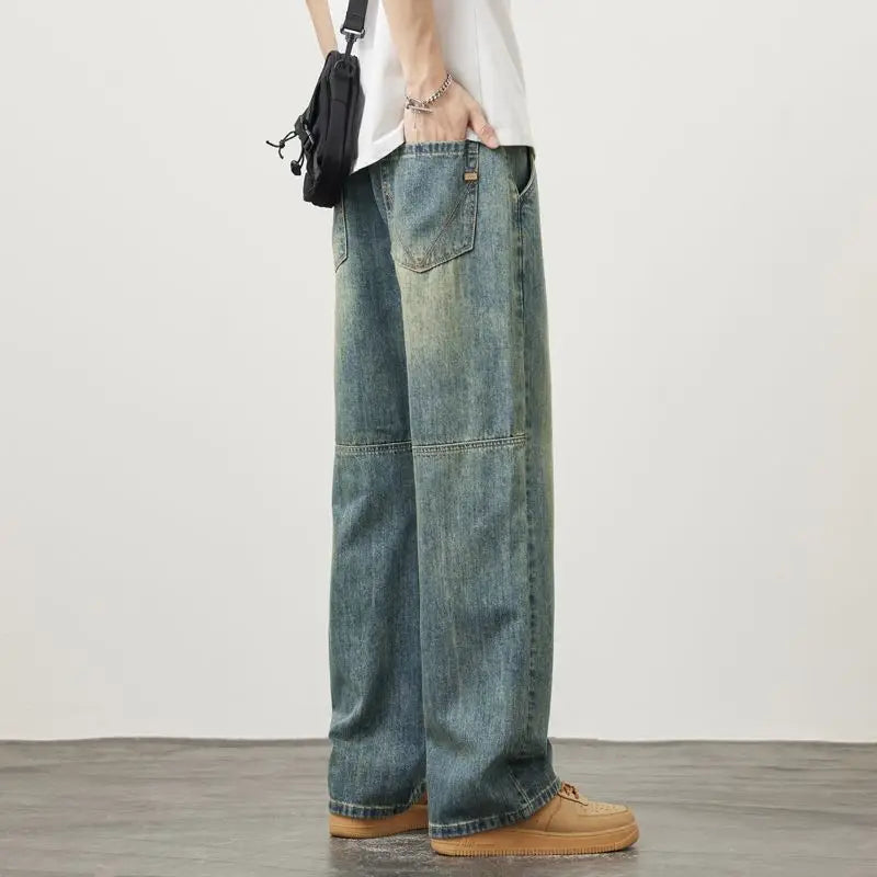 Jeans Fashionable Splicing Design Straight Wide-leg Pants Korean Retro