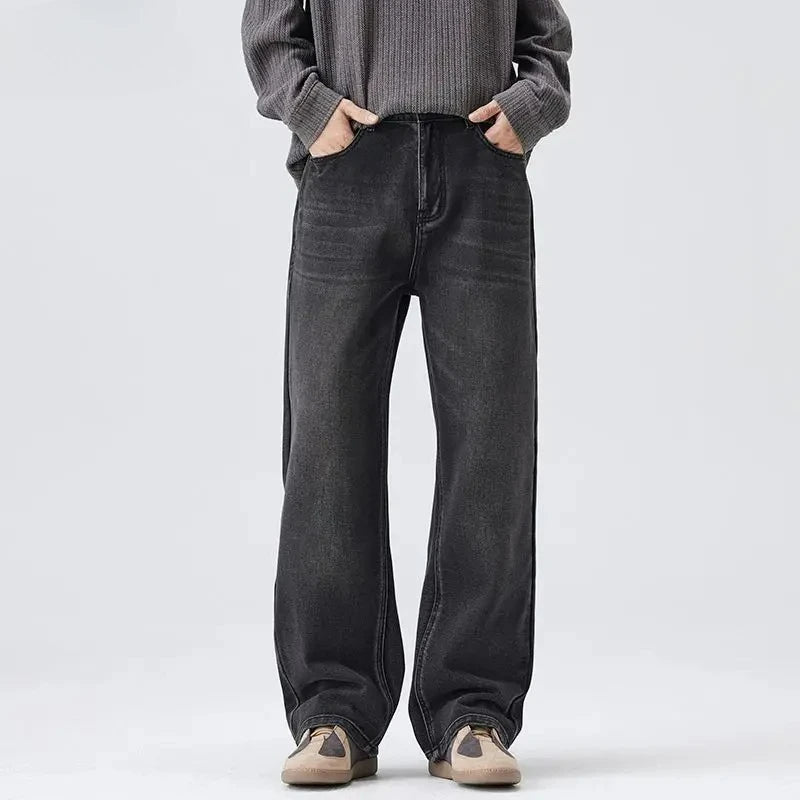 Korean Retro Men's Stretch Jeans Autumn Winter Fashion Straight Leg