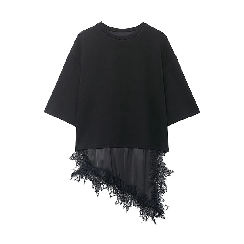 Willshela Women Fashion Solid Lace Patchwork Asymmetrical Shirt