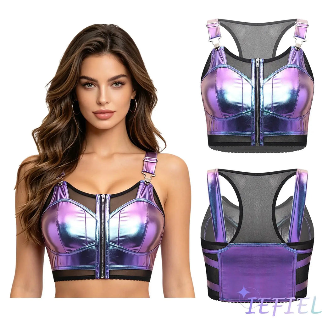 Womens Punk Style Raves Crop Tank Top Metallic Shiny And Sheer Mesh