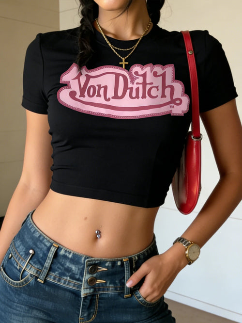 Women's Retro Letter Pattern Printed Round-neck Short Sleeve Top -