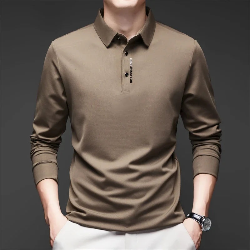 New Men's Business Casual Long Sleeved Shirt with Badge Solid Color