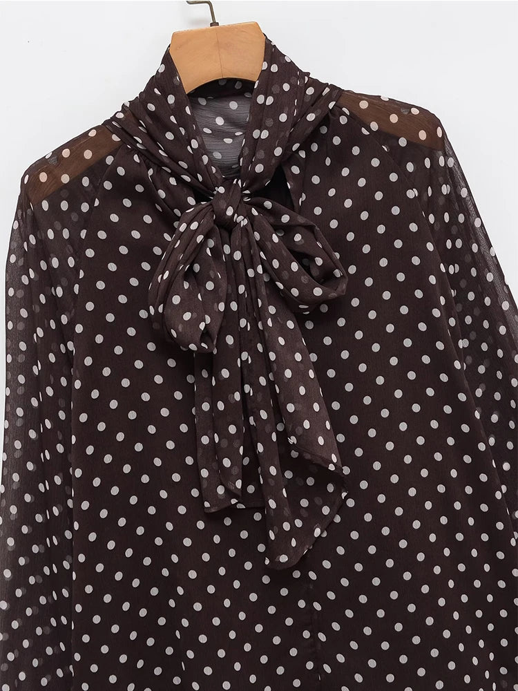 Polka Dot Printed Women Shirt 2026 Spring New Bow Tied Blouse Woman