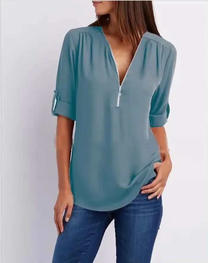 2024 Hot Sale Women Cool Loose Shirt Deep V Neck Chiffon Fashion