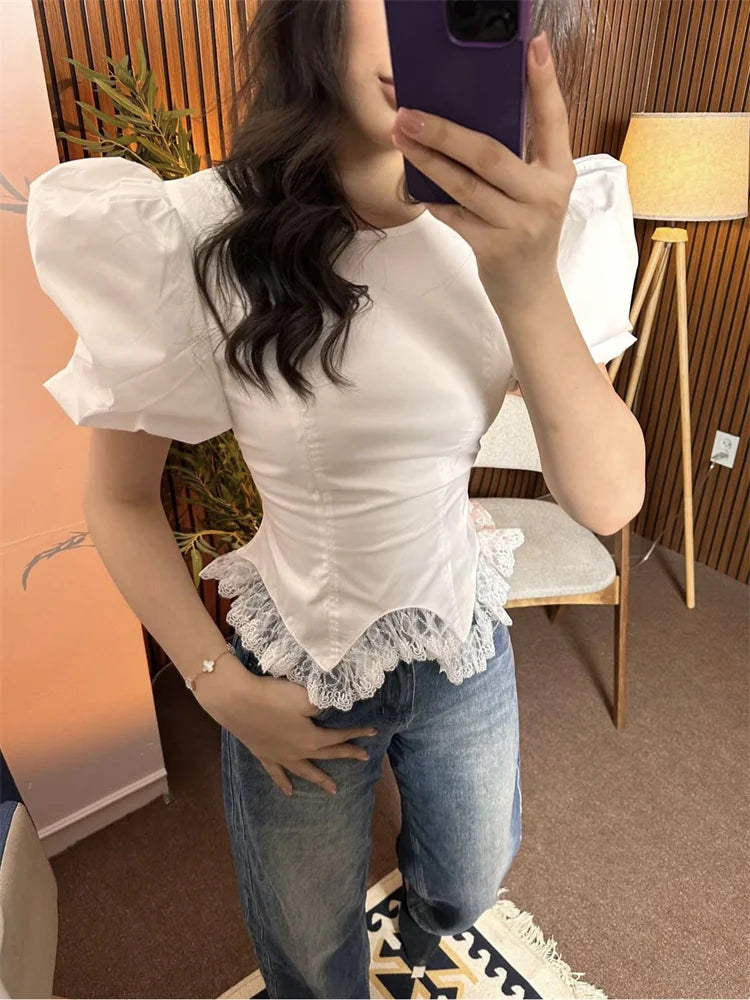 Tossy White Lace Lace-Up Shirts Top Women Short Sleeve Fashion