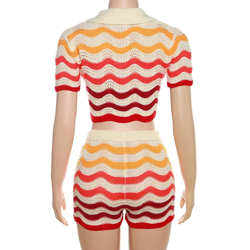 Women Wave Print 2 Piece Set Colorful Knit Stretch Thin Button Crop