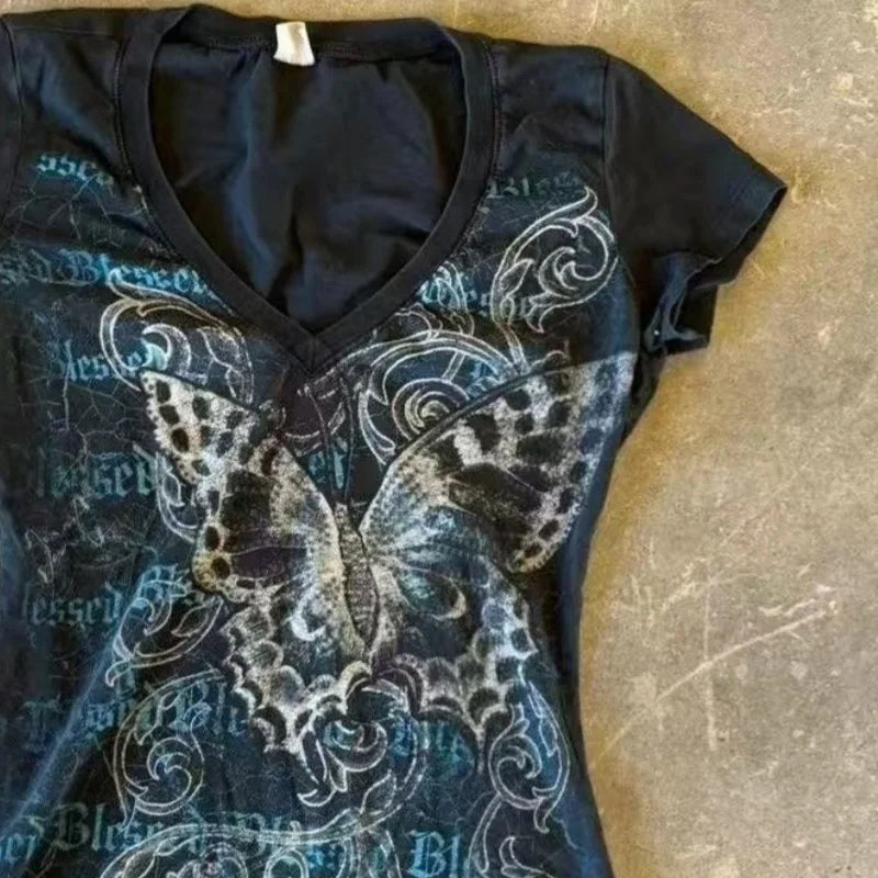 Harajuku Fairy Cropped Butterfly Printing T Shirts Vintage Grunge