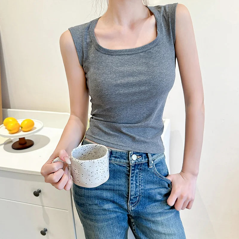 Women Solid Sleeveless Tank Top Camisole，Summer Basic Stretchy Square