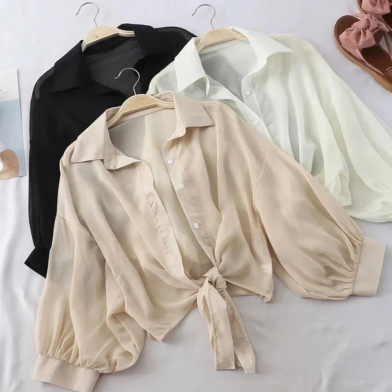 Casual Loose Hollow White Clothes Elegant Solid Color Tied Waist